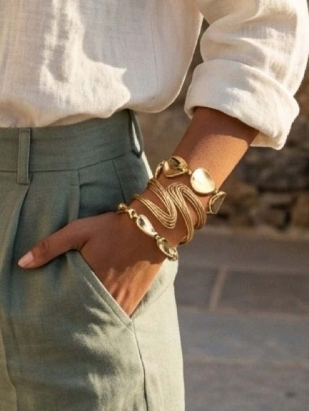 Set of Three Gold Tone Women’s Bracelet Set - Elegant Link & Disc Bangles